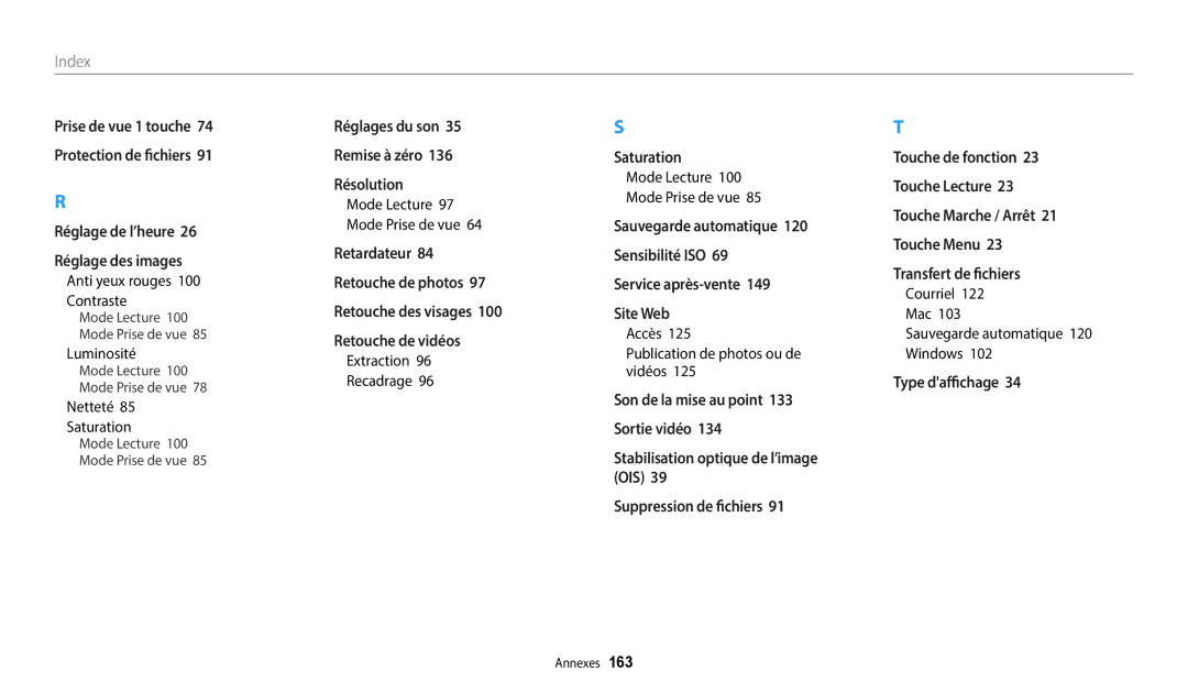 Samsung EC-WB252FBDBFR, EC-WB250FBPBFR manual Anti yeux rouges 100 Contraste, Netteté Saturation, Extraction Recadrage 