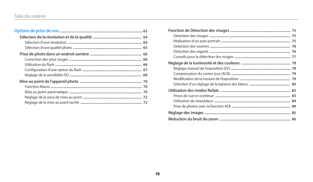 Samsung EC-WB250FFPWFR, EC-WB250FBPBFR, EC-WB250FFPBFR, EC-WB252FBDBFR, EC-WB250FBPWFR, EC-WB252FBDWFR manual Table des matières 