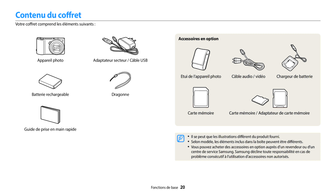 Samsung EC-WB250FBPWFR manual Contenu du coffret, Votre coffret comprend les éléments suivants, Accessoires en option 