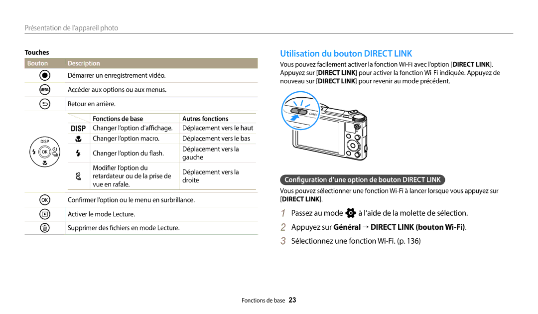 Samsung EC-WB250FBPBFR manual Utilisation du bouton Direct Link, Passez au mode n à l’aide de la molette de sélection 