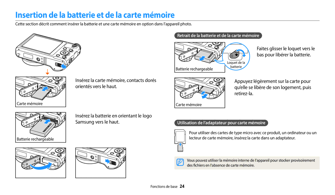 Samsung EC-WB250FFPBFR Insertion de la batterie et de la carte mémoire, Retrait de la batterie et de la carte mémoire 