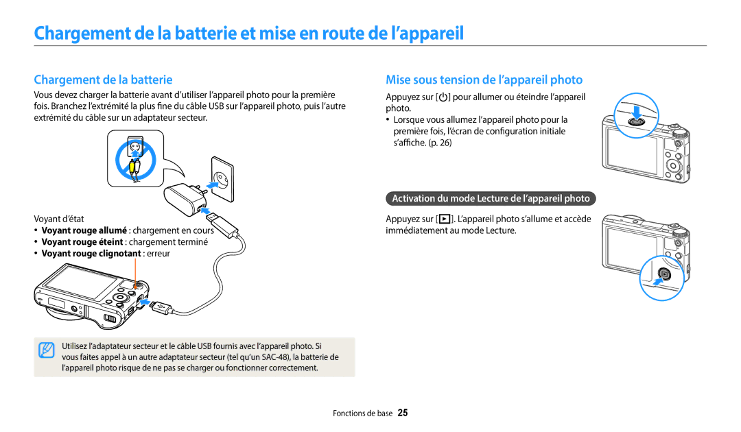 Samsung EC-WB252FBDBFR Chargement de la batterie et mise en route de l’appareil, Mise sous tension de l’appareil photo 