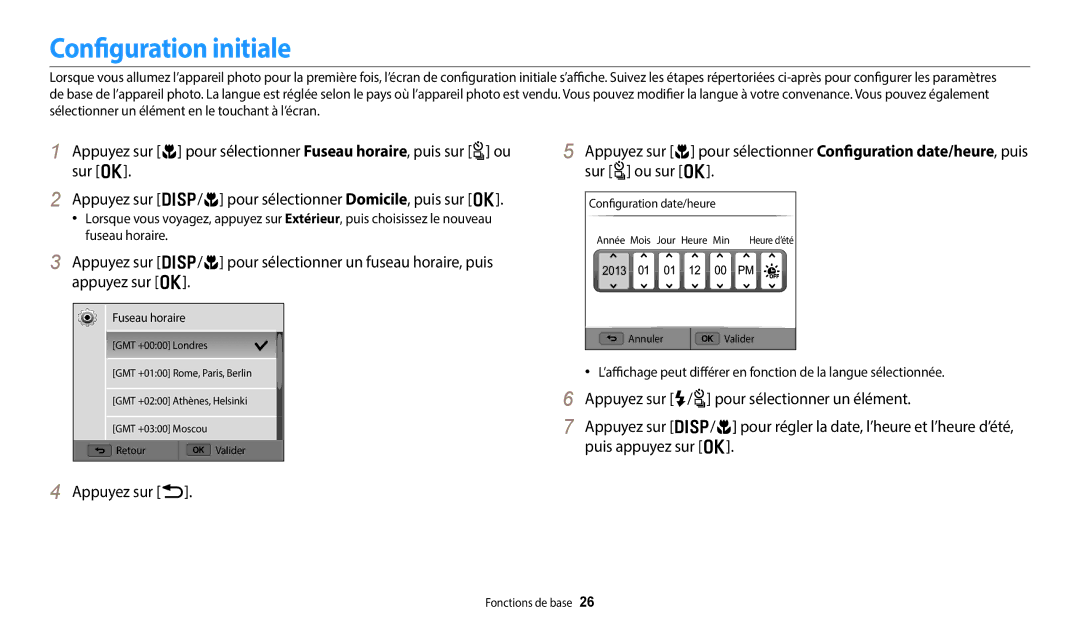 Samsung EC-WB250FBPWFR, EC-WB250FBPBFR, EC-WB250FFPBFR, EC-WB252FBDBFR, EC-WB252FBDWFR Configuration initiale, Appuyez sur b 