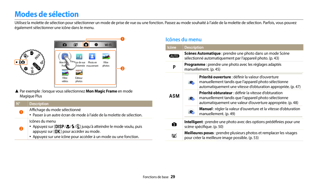 Samsung EC-WB250FBPBFR, EC-WB250FFPBFR, EC-WB252FBDBFR, EC-WB250FBPWFR, EC-WB252FBDWFR Modes de sélection, Icônes du menu 