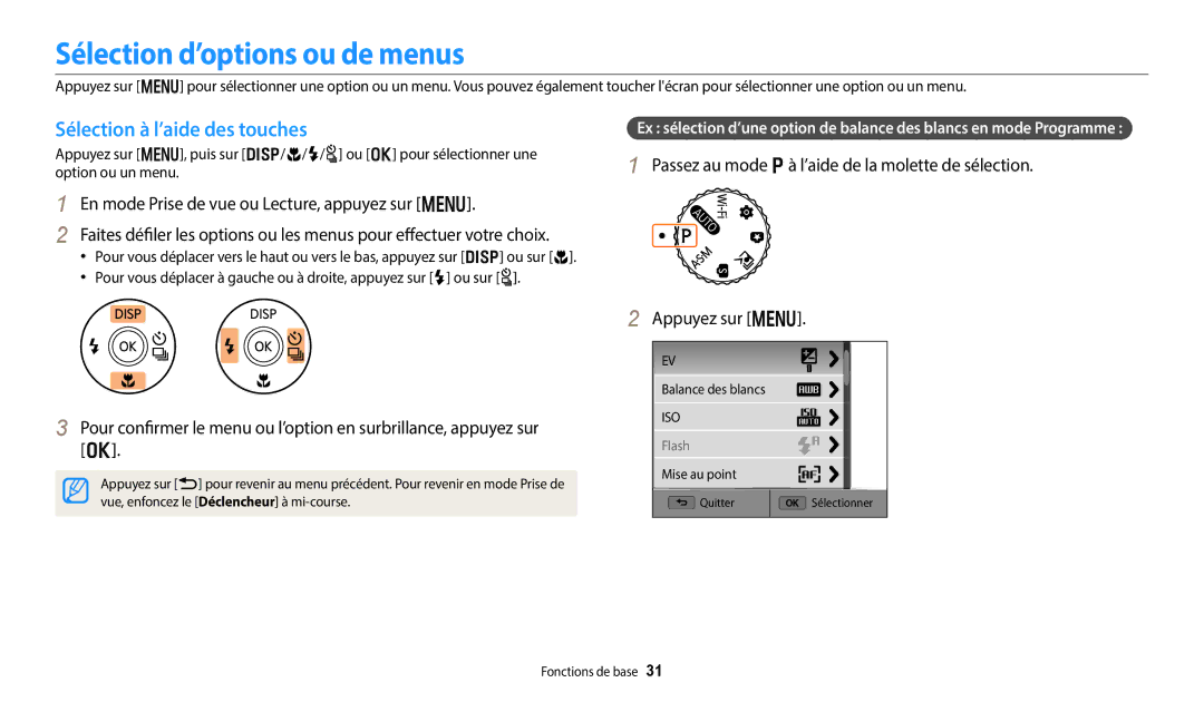 Samsung EC-WB252FBDBFR, EC-WB250FBPBFR manual Sélection d’options ou de menus, Sélection à l’aide des touches, Appuyez sur m 