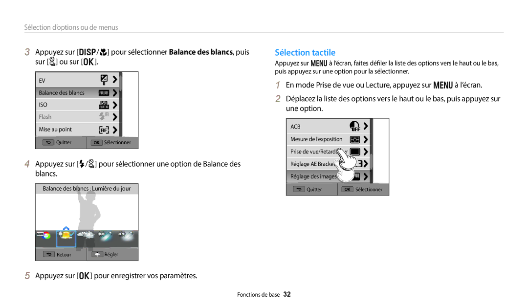 Samsung EC-WB250FBPWFR, EC-WB250FBPBFR, EC-WB250FFPBFR Sélection tactile, Appuyez sur o pour enregistrer vos paramètres 