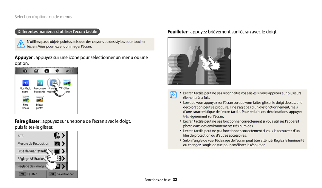 Samsung EC-WB252FBDWFR, EC-WB250FBPBFR, EC-WB250FFPBFR, EC-WB252FBDBFR manual Différentes manières d’utiliser l’écran tactile 