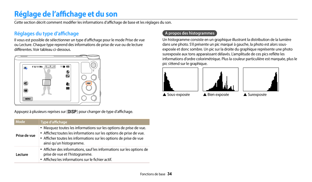 Samsung EC-WB250FFPWFR Réglage de l’affichage et du son, Réglages du type d’affichage, Propos des histogrammes, Lecture 