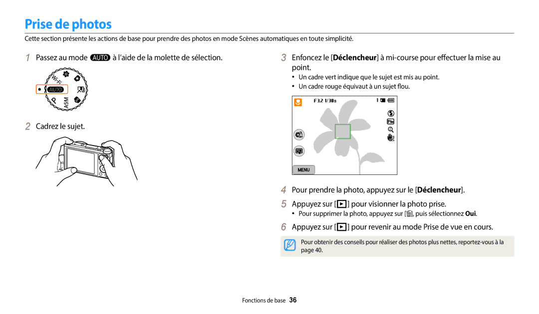 Samsung EC-WB250FFPBFR, EC-WB250FBPBFR manual Prise de photos, Appuyez sur P pour revenir au mode Prise de vue en cours 