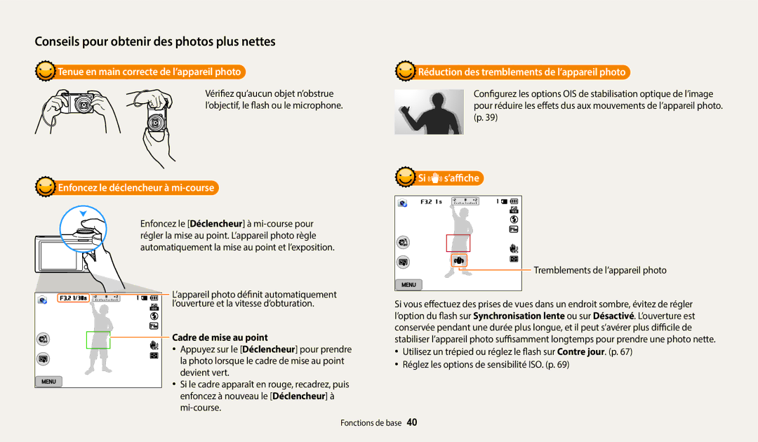 Samsung EC-WB250FFPWFR manual Tenue en main correcte de l’appareil photo, Enfoncez le déclencheur à mi-course, Si s’affiche 