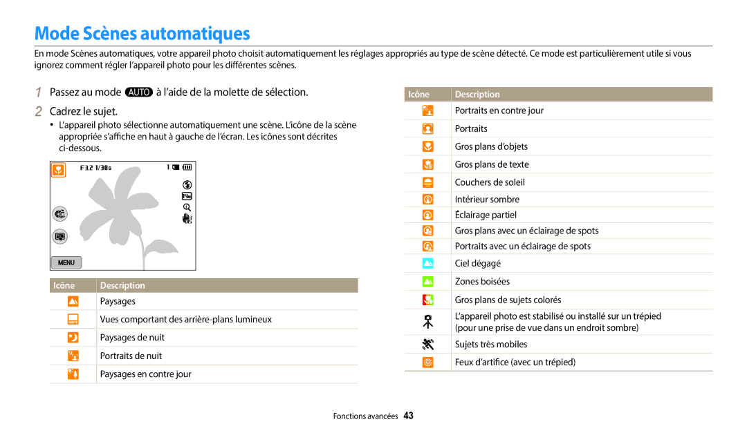 Samsung EC-WB252FBDBFR, EC-WB250FBPBFR manual Mode Scènes automatiques, Passez au mode T à l’aide de la molette de sélection 