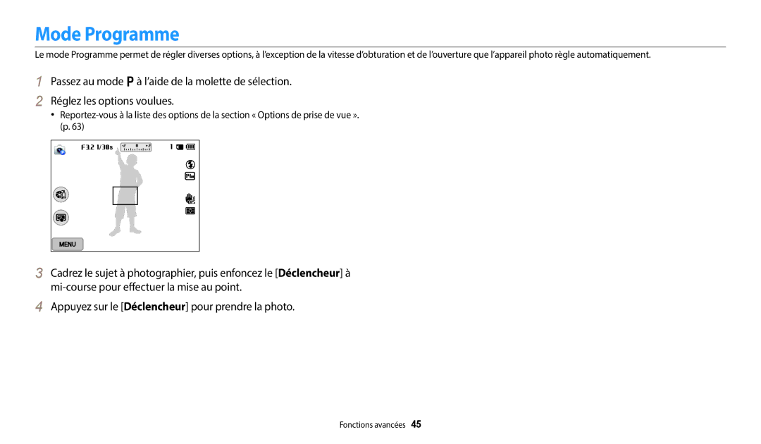 Samsung EC-WB252FBDWFR, EC-WB250FBPBFR, EC-WB250FFPBFR, EC-WB252FBDBFR, EC-WB250FBPWFR, EC-WB250FFPWFR manual Mode Programme 