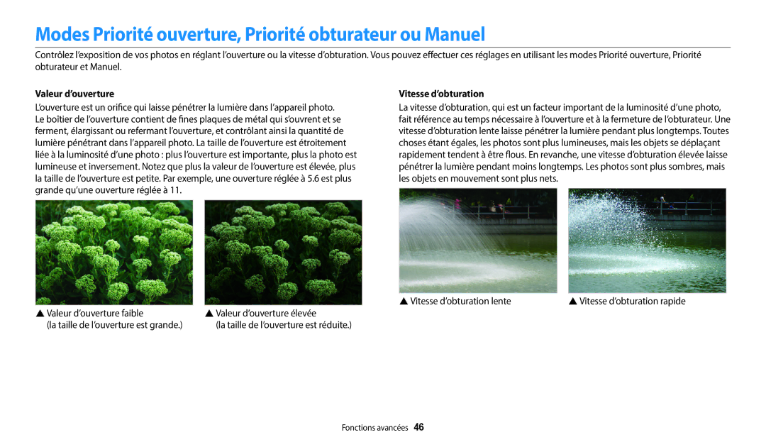 Samsung EC-WB250FFPWFR Modes Priorité ouverture, Priorité obturateur ou Manuel, Valeur d’ouverture, Vitesse d’obturation 