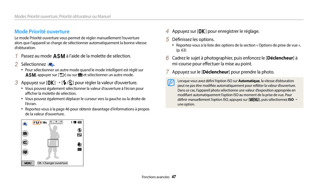 Samsung EC-WB250FBPBFR, EC-WB250FFPBFR manual Mode Priorité ouverture, Appuyez sur o “ F/t pour régler la valeur d’ouverture 