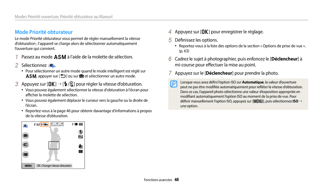 Samsung EC-WB250FFPBFR, EC-WB250FBPBFR Mode Priorité obturateur, Appuyez sur o “ F/t pour régler la vitesse d’obturation 