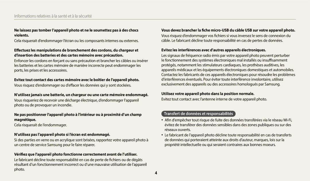 Samsung EC-WB250FFPWFR Transfert de données et responsabilités, Utilisez votre appareil photo dans la position normale 