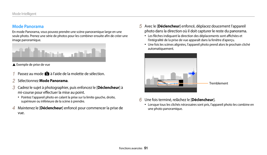 Samsung EC-WB252FBDWFR, EC-WB250FBPBFR, EC-WB250FFPBFR manual Mode Panorama, Une fois terminé, relâchez le Déclencheur 