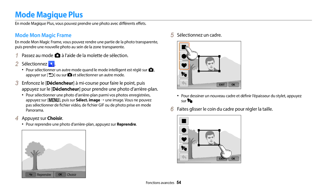 Samsung EC-WB250FFPBFR, EC-WB250FBPBFR Mode Magique Plus, Mode Mon Magic Frame, Appuyez sur Choisir, Sélectionnez un cadre 