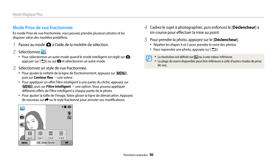 Samsung EC-WB250FBPWFR, EC-WB250FBPBFR manual Mode Prise de vue fractionnée, Sélectionnez un style de vue fractionnée 