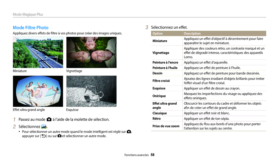Samsung EC-WB250FFPWFR, EC-WB250FBPBFR, EC-WB250FFPBFR, EC-WB252FBDBFR manual Mode Filtre Photo, Sélectionnez un effet 