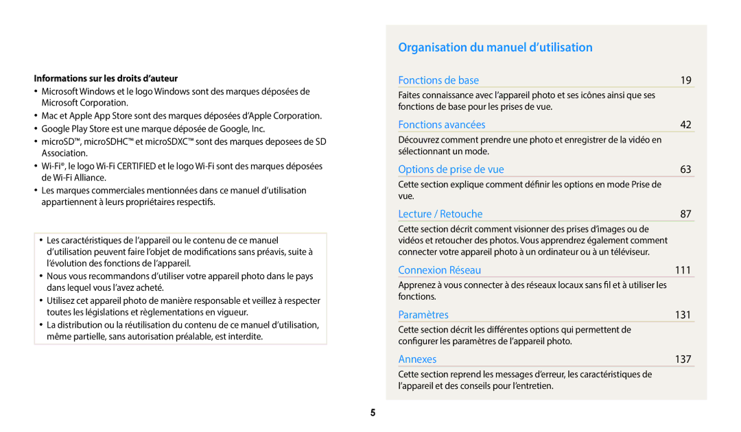 Samsung EC-WB250FBPBFR manual Organisation du manuel d’utilisation, 131, 137, Informations sur les droits d’auteur 