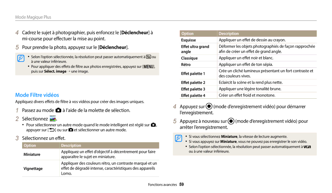 Samsung EC-WB250FBPBFR, EC-WB250FFPBFR manual Mode Filtre vidéos, Apparaître le sujet en miniature, Lomo, Des couleurs vives 