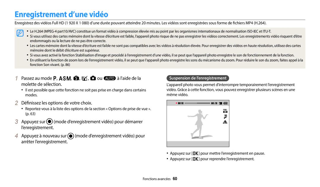 Samsung EC-WB250FFPBFR Enregistrement d’une vidéo, Définissez les options de votre choix, Suspension de l’enregistrement 