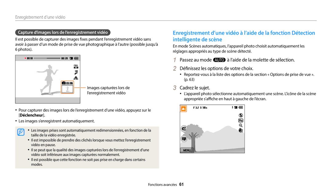 Samsung EC-WB252FBDBFR, EC-WB250FBPBFR, EC-WB250FFPBFR Cadrez le sujet, Capture d’images lors de l’enregistrement vidéo 