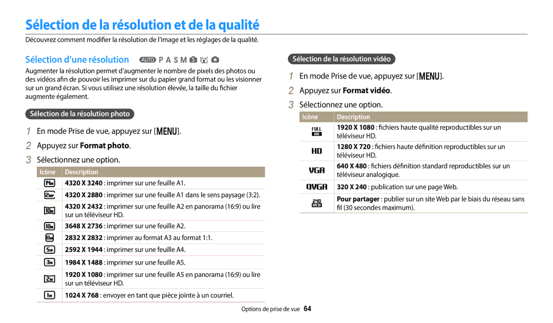 Samsung EC-WB250FFPWFR manual Sélection de la résolution et de la qualité, Sélection d’une résolution T p a h M s i g 