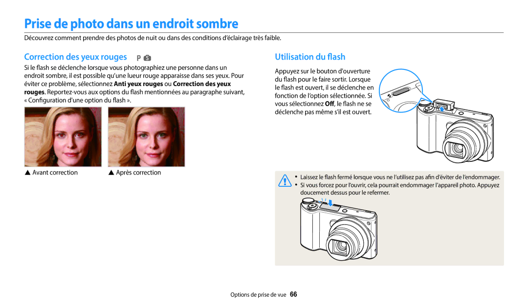 Samsung EC-WB250FFPBFR, EC-WB250FBPBFR manual Prise de photo dans un endroit sombre, Correction des yeux rouges p s 