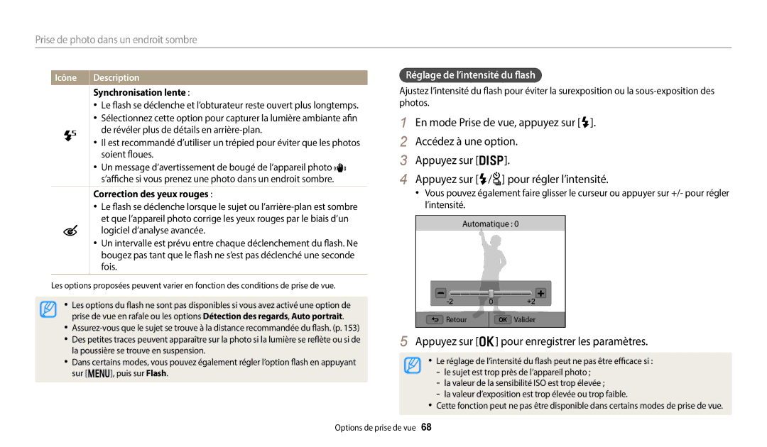 Samsung EC-WB250FBPWFR, EC-WB250FBPBFR manual Appuyez sur o pour enregistrer les paramètres, Réglage de l’intensité du flash 