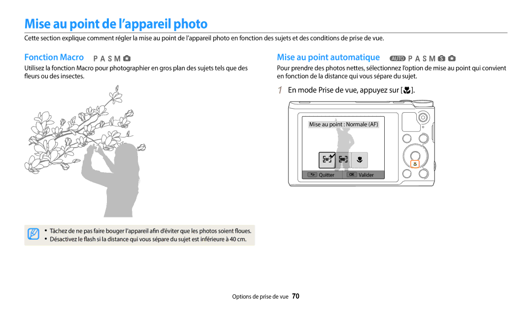 Samsung EC-WB250FFPWFR, EC-WB250FBPBFR manual Mise au point de l’appareil photo, En mode Prise de vue, appuyez sur c 