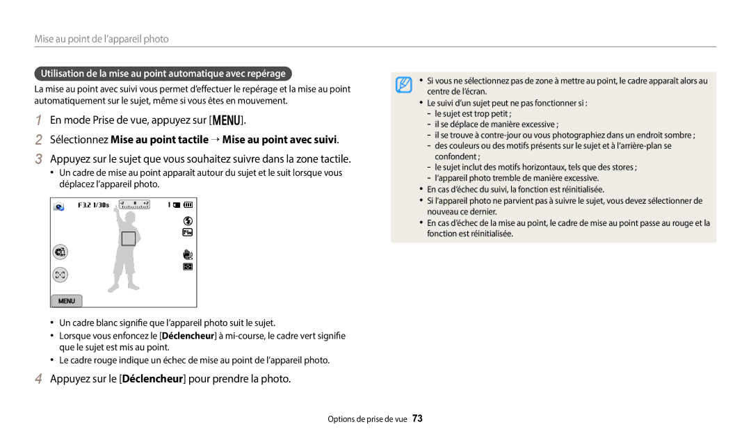 Samsung EC-WB252FBDBFR, EC-WB250FBPBFR, EC-WB250FFPBFR, EC-WB250FBPWFR manual Appuyez sur le Déclencheur pour prendre la photo 