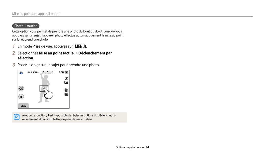 Samsung EC-WB250FBPWFR, EC-WB250FBPBFR, EC-WB250FFPBFR Posez le doigt sur un sujet pour prendre une photo, Photo 1 touche 