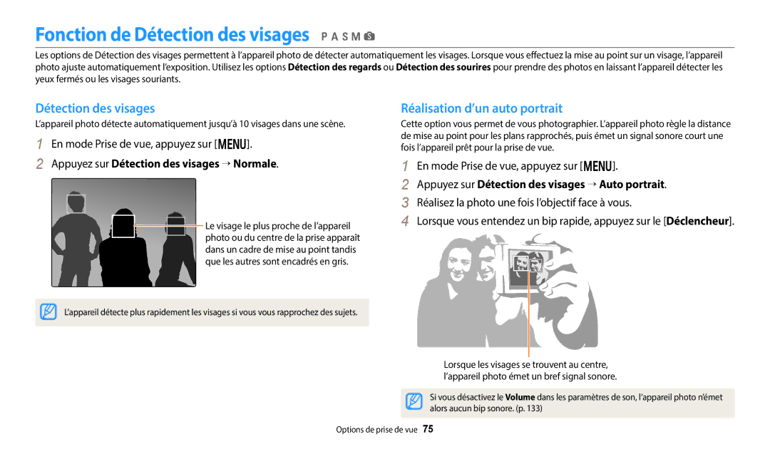 Samsung EC-WB252FBDWFR, EC-WB250FBPBFR manual Fonction de Détection des visages p a h M s, Réalisation d’un auto portrait 