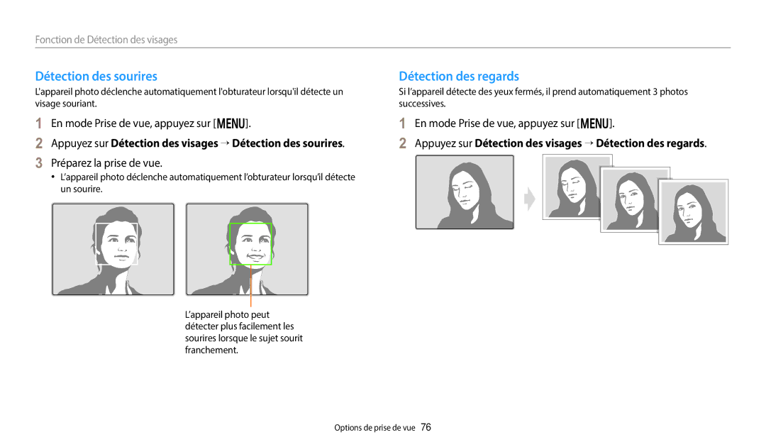 Samsung EC-WB250FFPWFR, EC-WB250FBPBFR manual Détection des sourires, Détection des regards, Préparez la prise de vue 