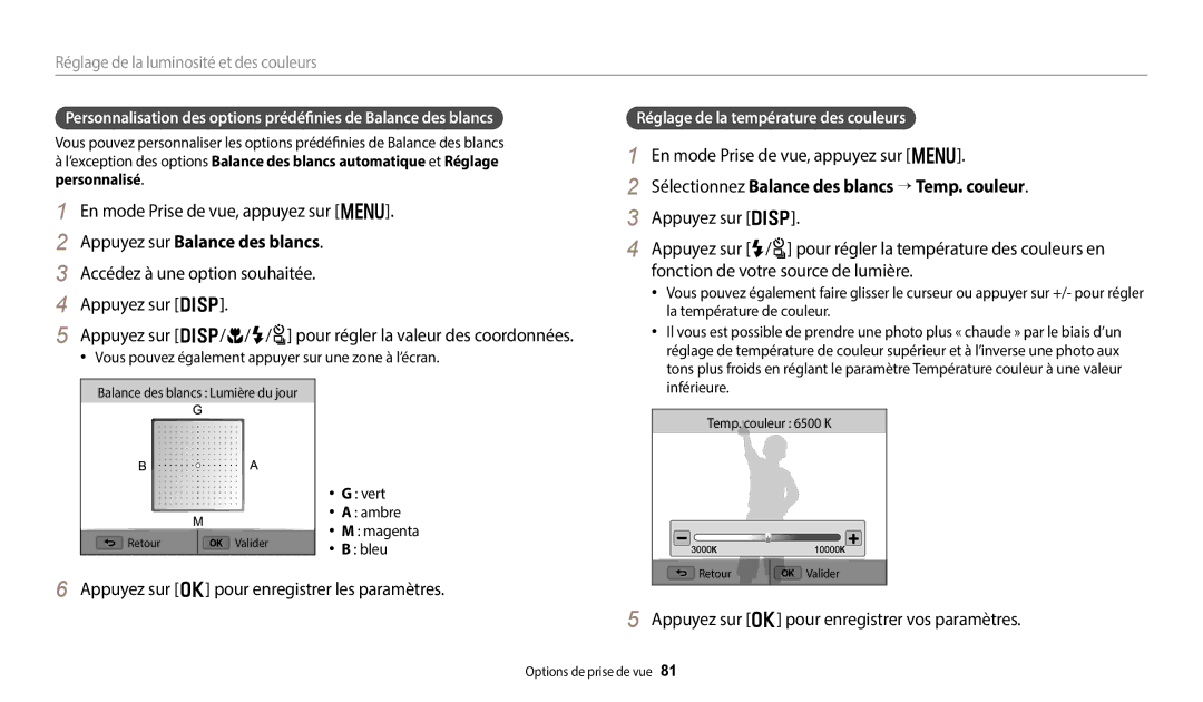 Samsung EC-WB252FBDWFR manual Sélectionnez Balance des blancs “ Temp. couleur, Réglage de la température des couleurs 