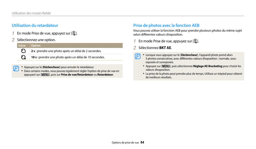 Samsung EC-WB250FFPBFR, EC-WB250FBPBFR, EC-WB252FBDBFR Utilisation du retardateur, Prise de photos avec la fonction AEB 