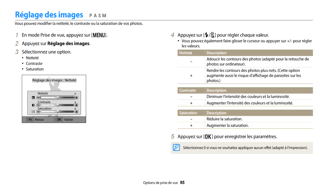 Samsung EC-WB252FBDBFR, EC-WB250FBPBFR, EC-WB250FFPBFR manual Réglage des images p a h M, Appuyez sur Réglage des images 