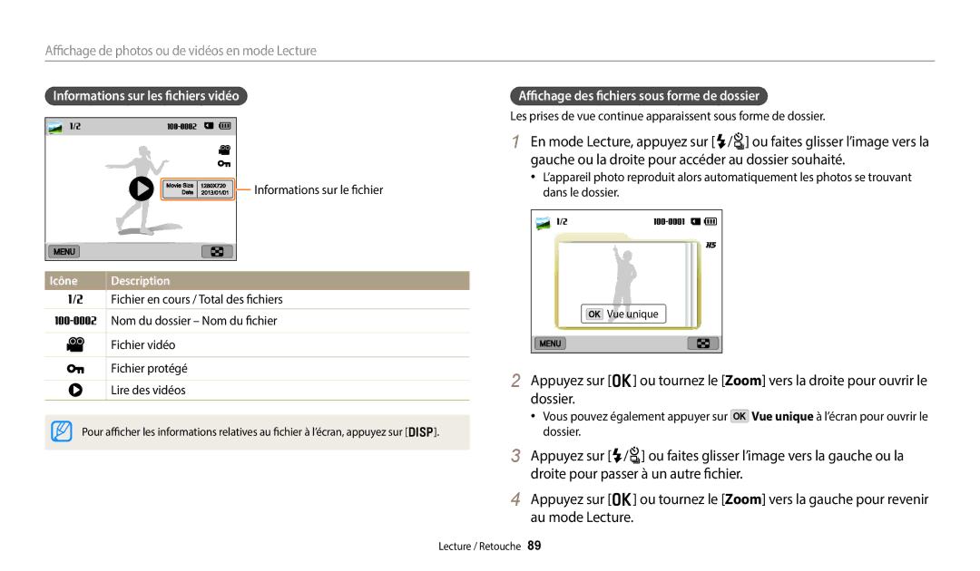 Samsung EC-WB250FBPBFR, EC-WB250FFPBFR Informations sur les fichiers vidéo, Affichage des fichiers sous forme de dossier 