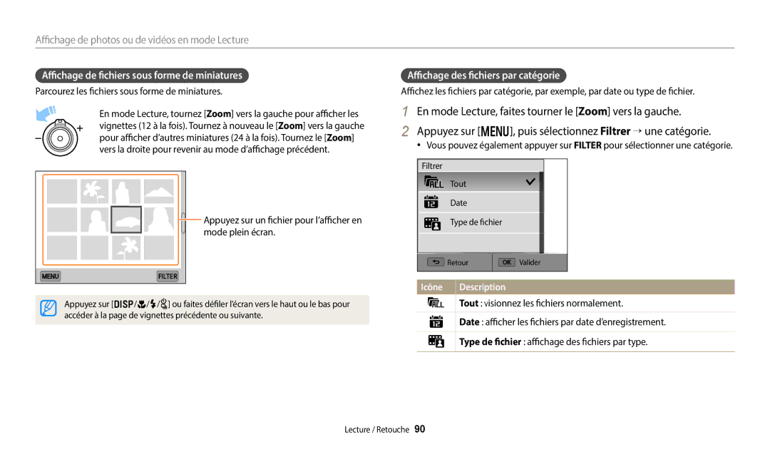Samsung EC-WB250FFPBFR manual Affichage de fichiers sous forme de miniatures, Affichage des fichiers par catégorie 