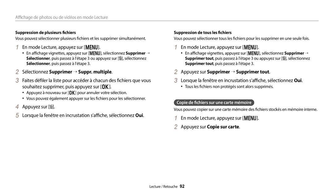 Samsung EC-WB250FBPWFR, EC-WB250FBPBFR manual En mode Lecture, appuyez sur m, Sélectionnez Supprimer “ Suppr. multiple 