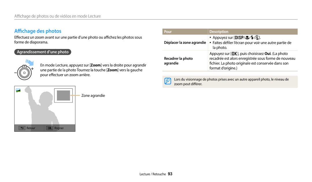 Samsung EC-WB252FBDWFR Affichage des photos, Agrandissement d’une photo, Pour Description, Recadrer la photo, Agrandie 