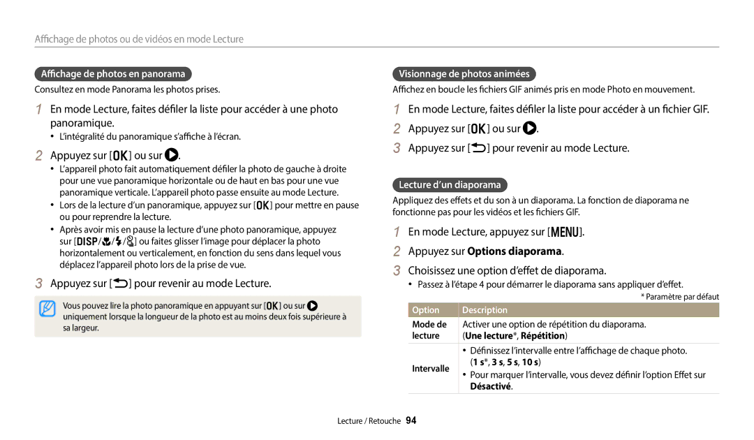 Samsung EC-WB250FFPWFR Appuyez sur o ou sur, Appuyez sur b pour revenir au mode Lecture, Appuyez sur Options diaporama 