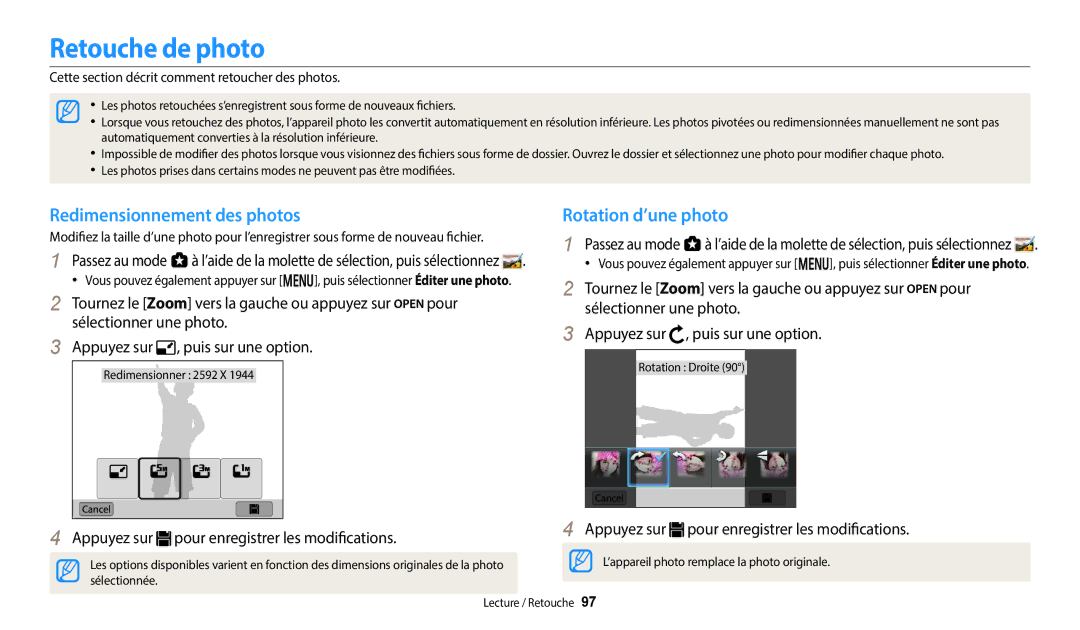 Samsung EC-WB252FBDBFR Retouche de photo, Redimensionnement des photos, Appuyez sur pour enregistrer les modifications 