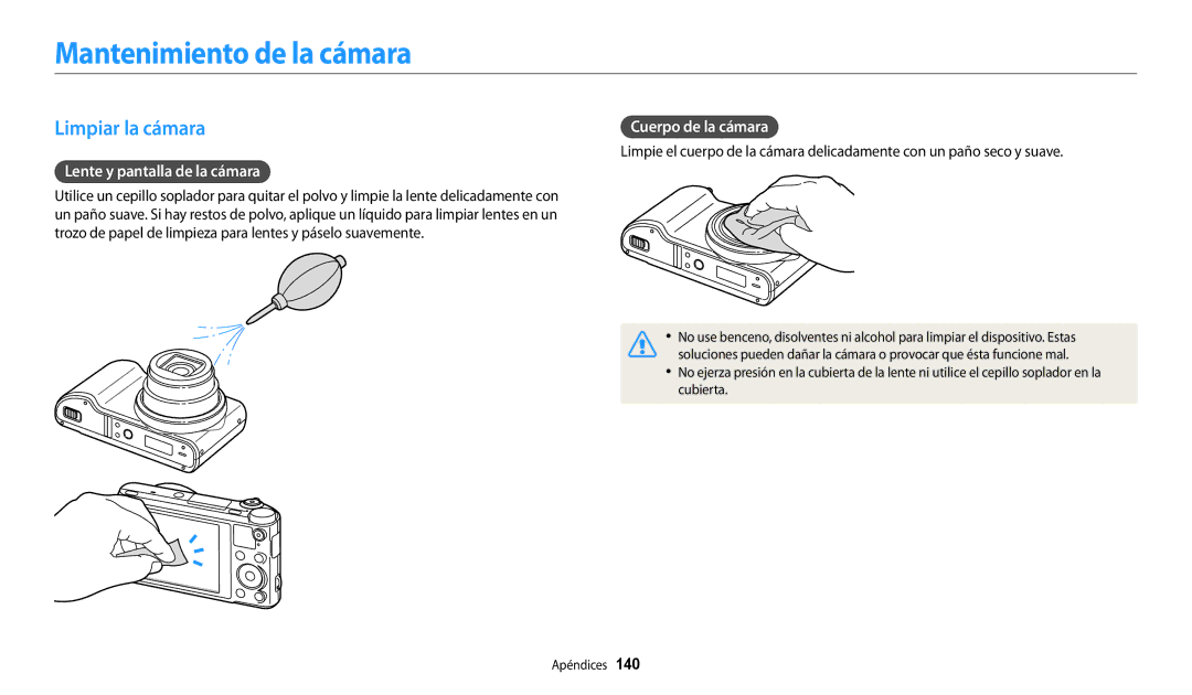 Samsung EC-WB250FBPBIL Mantenimiento de la cámara, Limpiar la cámara, Lente y pantalla de la cámara, Cuerpo de la cámara 