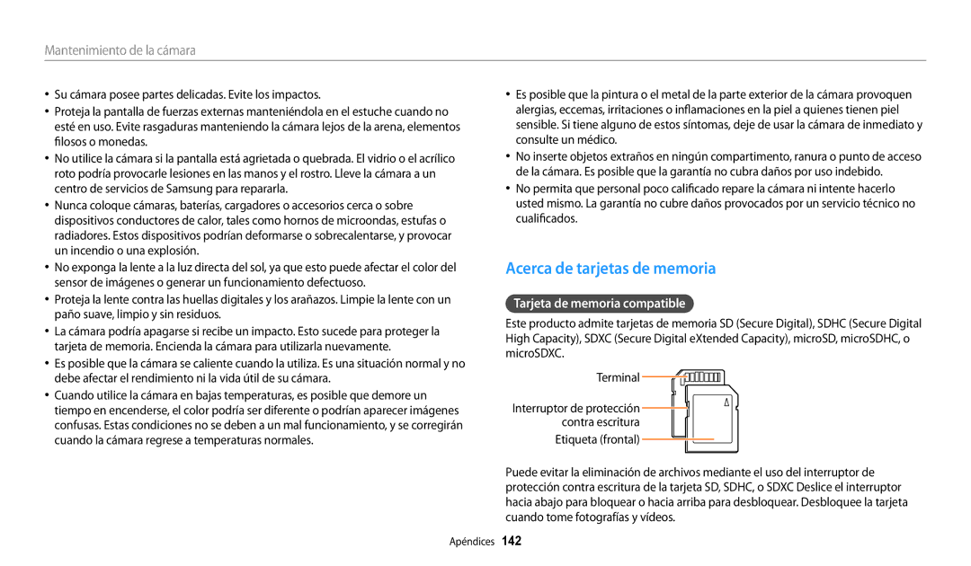 Samsung EC-WB250FBPWIL, EC-WB250FBPWE1, EC-WB250FBPBE1 manual Acerca de tarjetas de memoria, Tarjeta de memoria compatible 