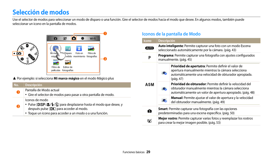 Samsung EC-WB250FBPRIL, EC-WB250FBPWE1, EC-WB250FBPBE1, EC-WB250FFPWE1 Selección de modos, Iconos de la pantalla de Modo 