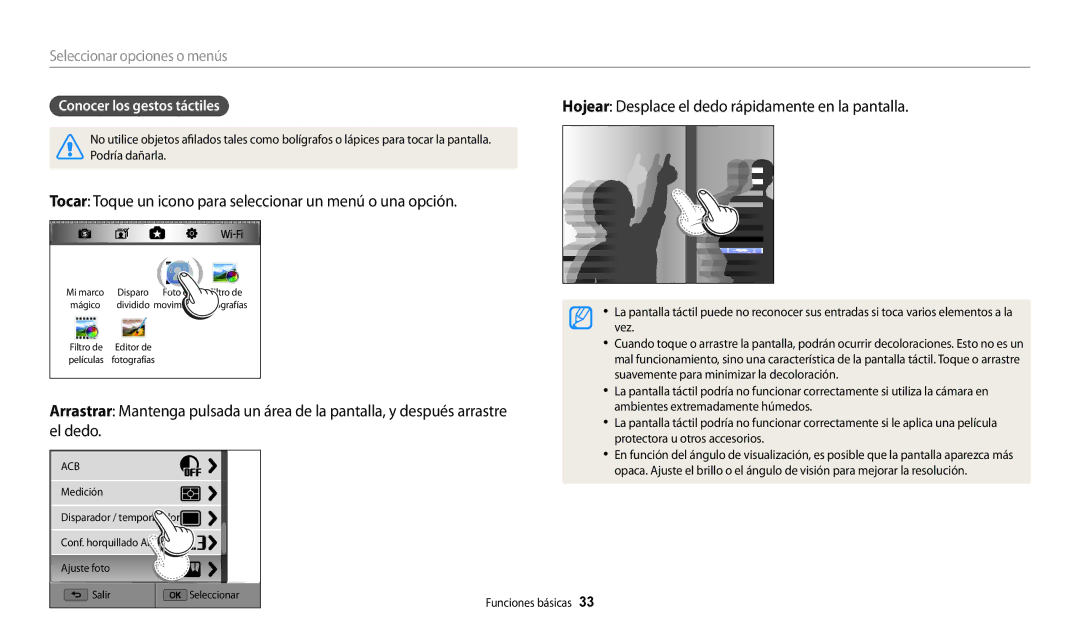 Samsung EC-WB250FFPWE1, EC-WB250FBPWE1, EC-WB250FBPBE1, EC-WB250FFPBE1, EC-WB250FBPAIL manual Conocer los gestos táctiles 