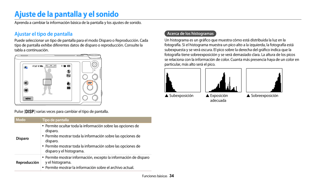 Samsung EC-WB250FFPBE1 Ajuste de la pantalla y el sonido, Ajustar el tipo de pantalla, Acerca de los histogramas, Disparo 